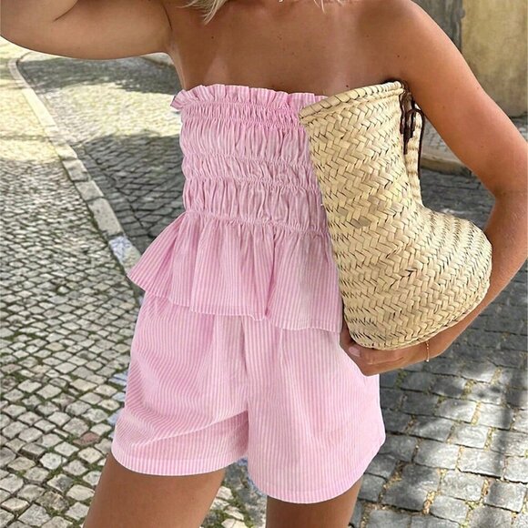 Pink Boho Womens Tropical Beach strapless Striped Bandeau Top And Shorts Set - Picture 6 of 11